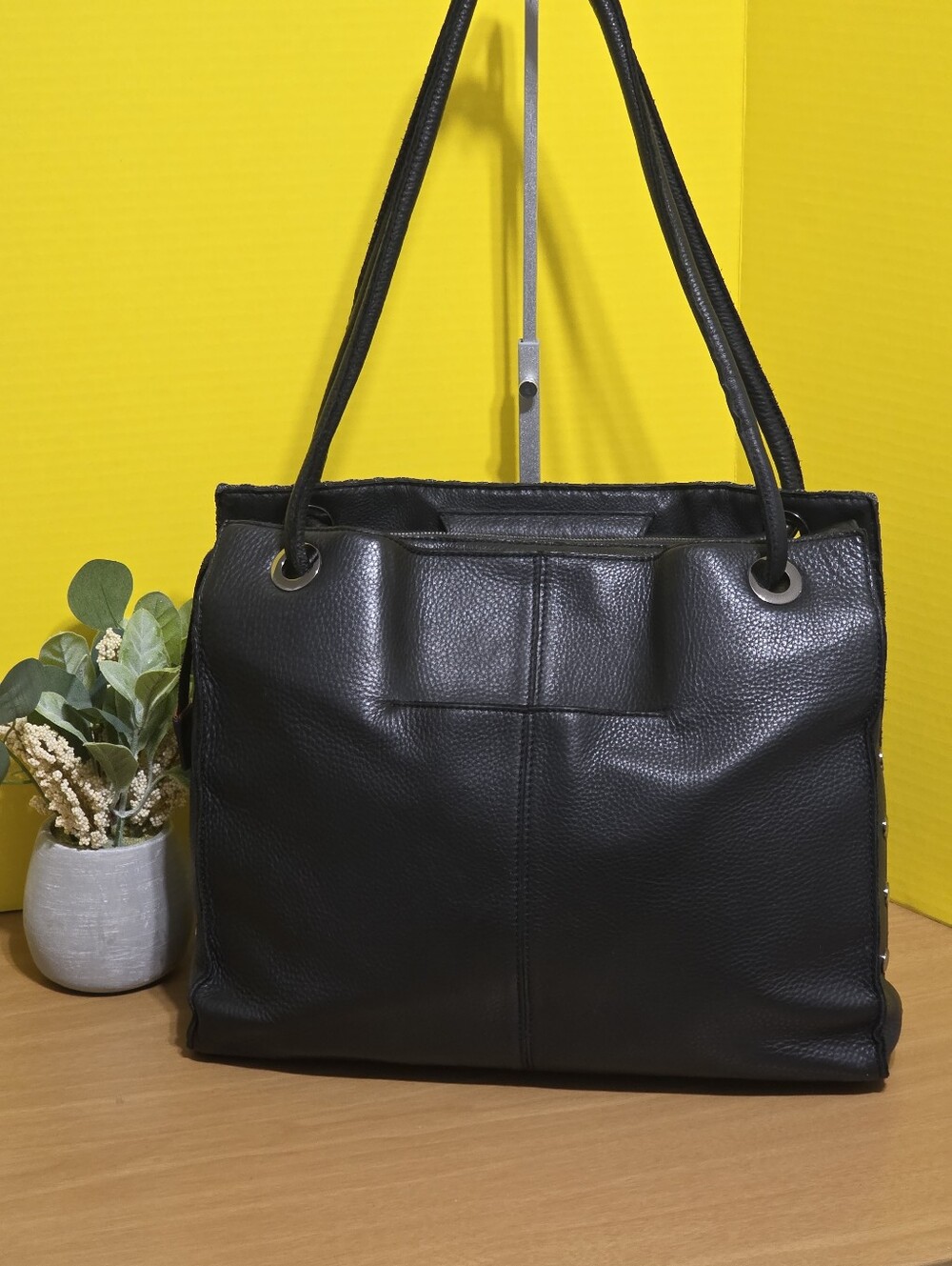 Hammitt Benjamin Leather Woven Large Shoulder Tote Bag Purse Top Zip Black - Picture 3 of 12
